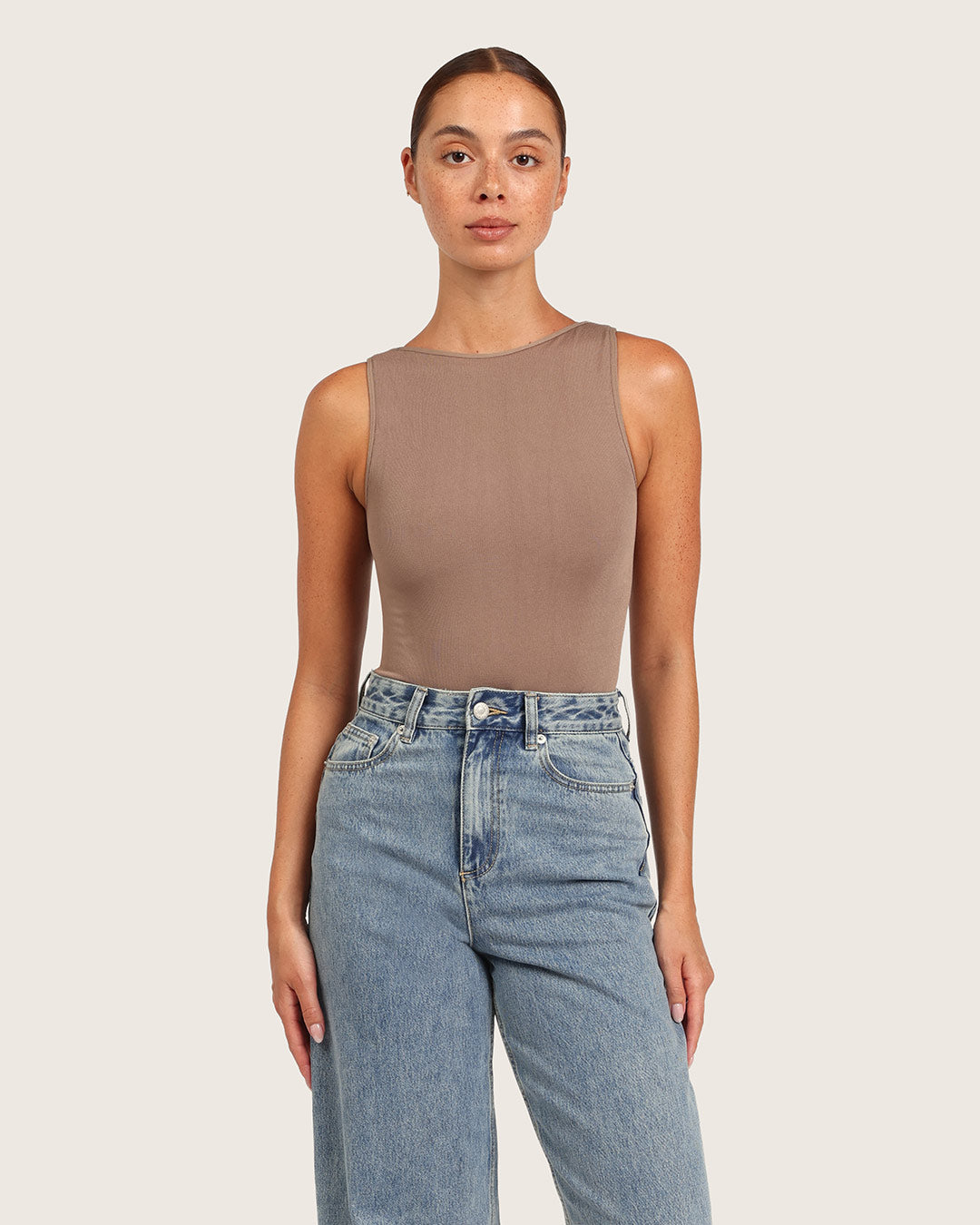 Ribbed Boat Neck Bodysuit - Taupe