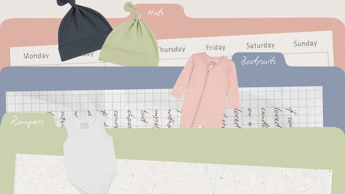 Baby hats, bodysuit and romper organised in labelled sections inspired by a weekly planner