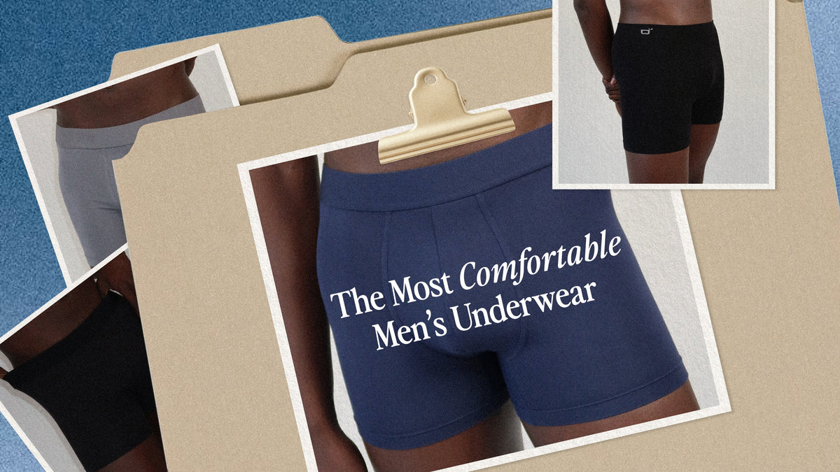 Boody men’s underwear in black, grey and navy displayed in a scrapbook-style collage