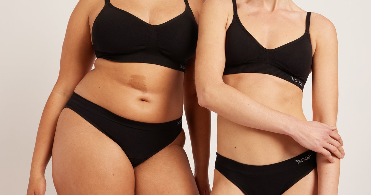 Inclusive models wearing Boody black bamboo period underwear and wire-free bras, designed for breathable comfort and all-day confidence.