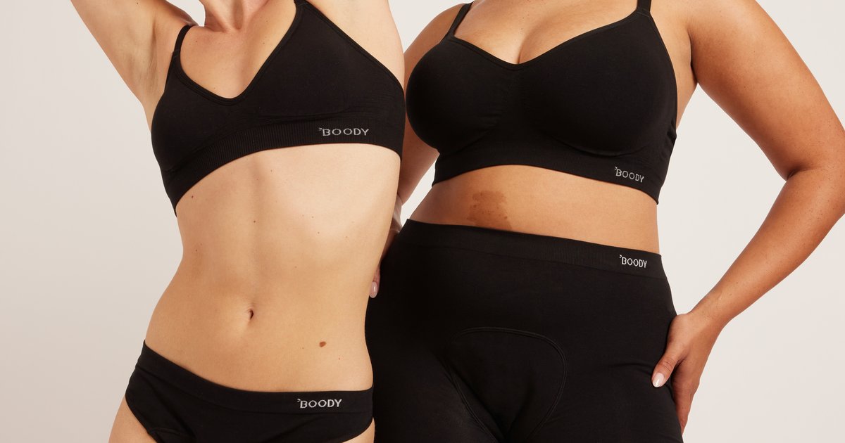 Two models wearing black Boody bamboo period underwear and seamless bras, showcasing breathable leakproof comfort and inclusive sizing.