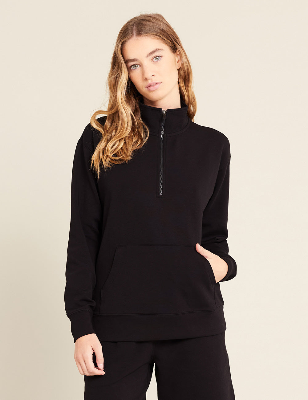 Gender-Neutral-Quarter-Zip-Sweater-Black-Female-Front.jpg