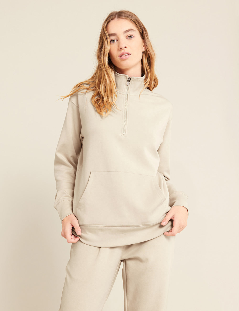 Gender-Neutral-Quarter-Zip-Sweater-Sand-Female-Front.jpg