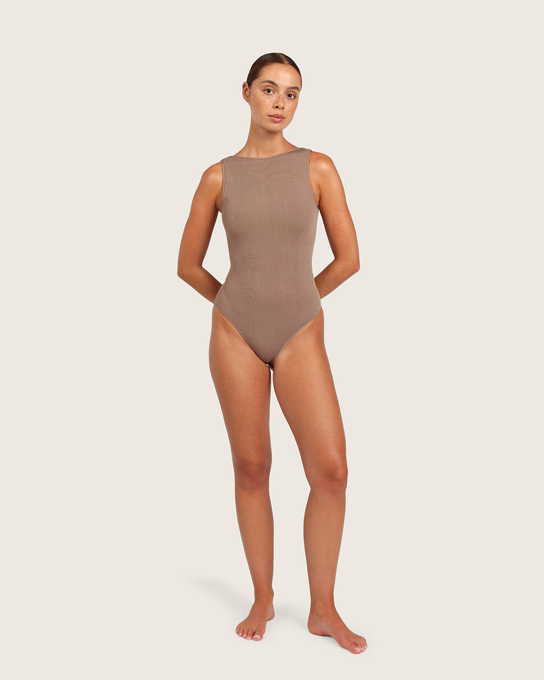 Ribbed Boat Neck Bodysuit - Taupe