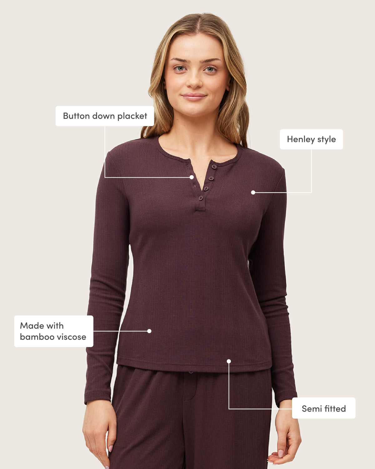 Long Sleeve Henley Top - Mulberry