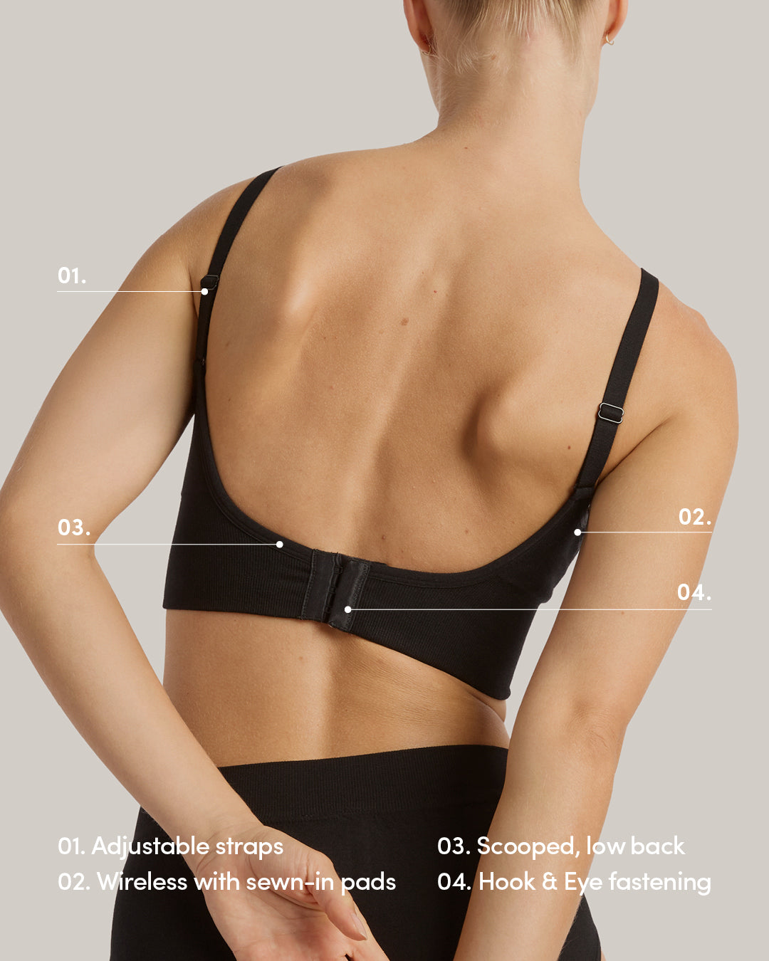 Wireless Low Back Bra - Black